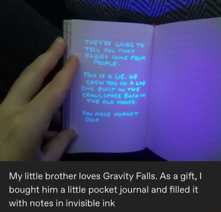 EroM A UE WE You In Al SILT 1A THE IPACE BACK IV 0 HouCE You HAUE HoRNET on OnA My little brother loves Gravity Falls As a gift bought him a little pocket journal and filled it with notes in invisible ink