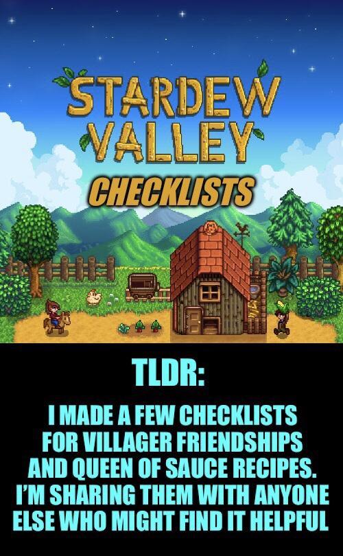 4 ks CHECKLISTSH TLDR I MADE A FEW CHECKLISTS FOR VILLAGER FRIENDSHIPS AND QUEEN OF SAUCE RECIPES IM SHARING THEM WITH ANYONE ELSE WHO MIGHT FIND IT HELPFUL