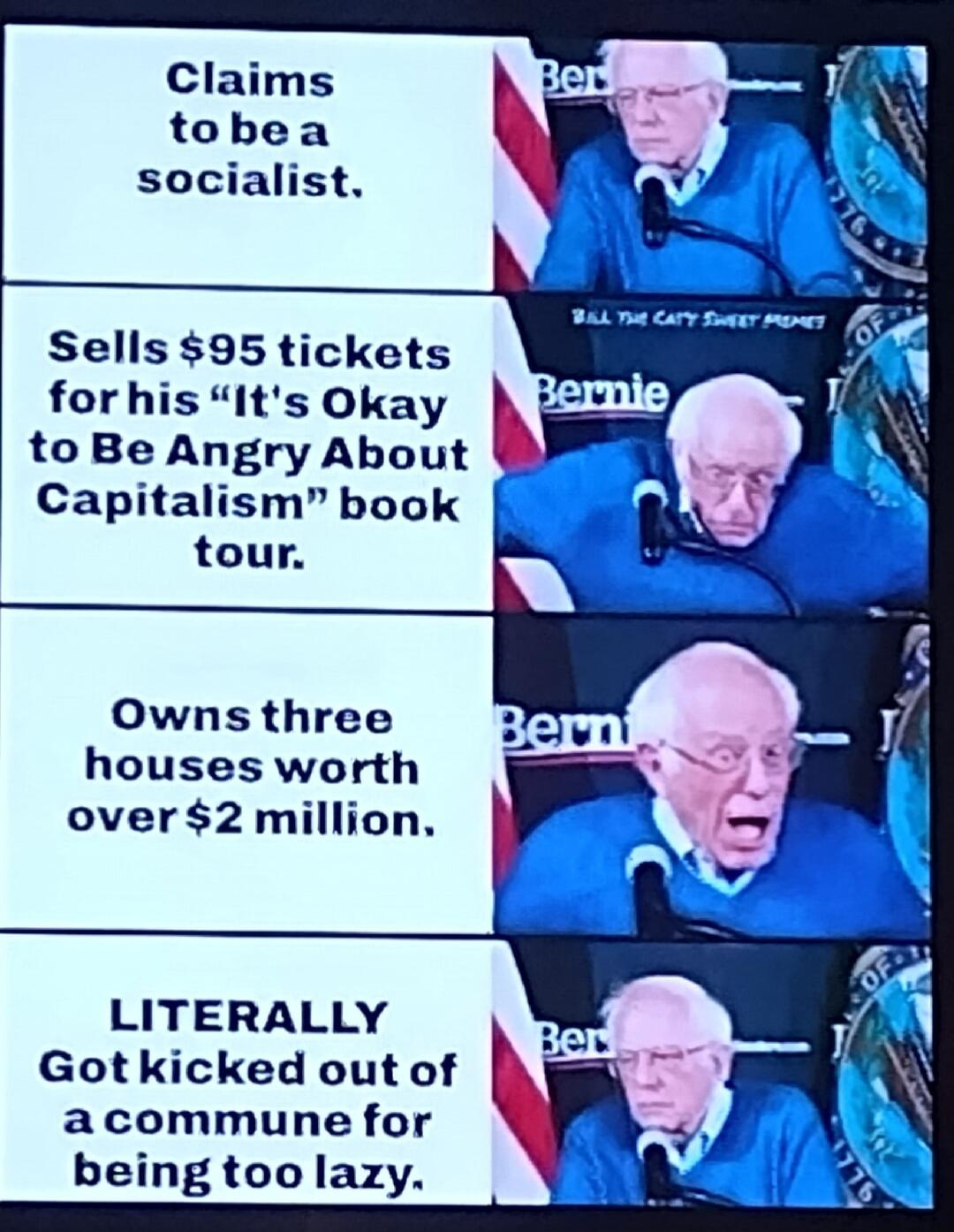 Claims to be a socialist.
Sells $95 tickets for his 