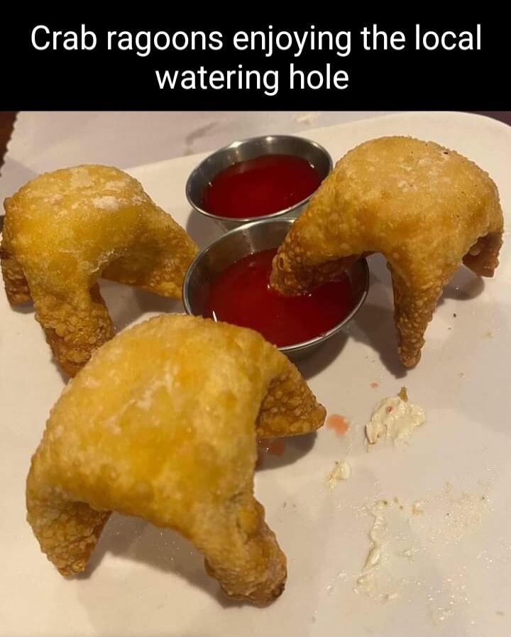 Crab ragoons enjoying the local watering hole