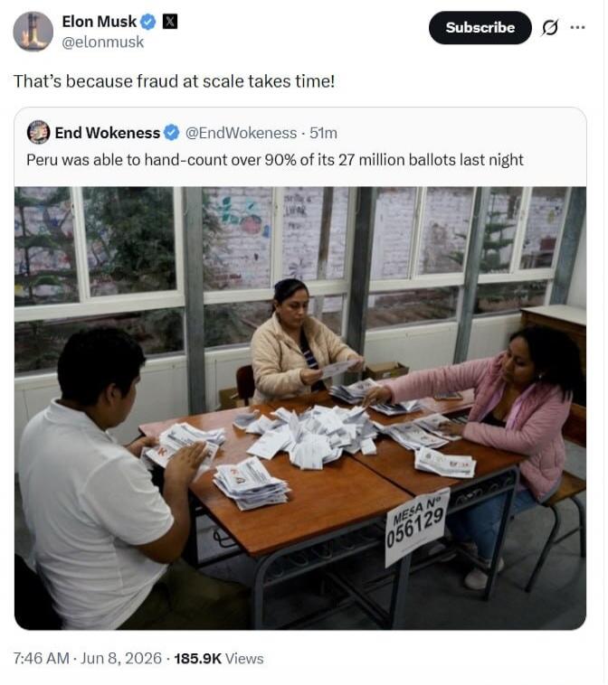 That's because fraud at scale takes time! Peru was able to hand-count over 90% of its 27 million ballots last night