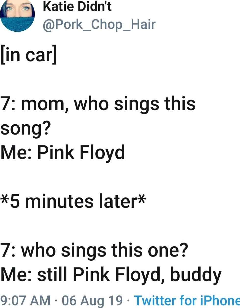 Katie Didnt Pork_Chop_Hair in car 7 mom who sings this song Me Pink Floyd 5 minutes later 7 who sings this one Me still Pink Floyd buddy 907 AM 06 Aug 19 Twitter for iPhone