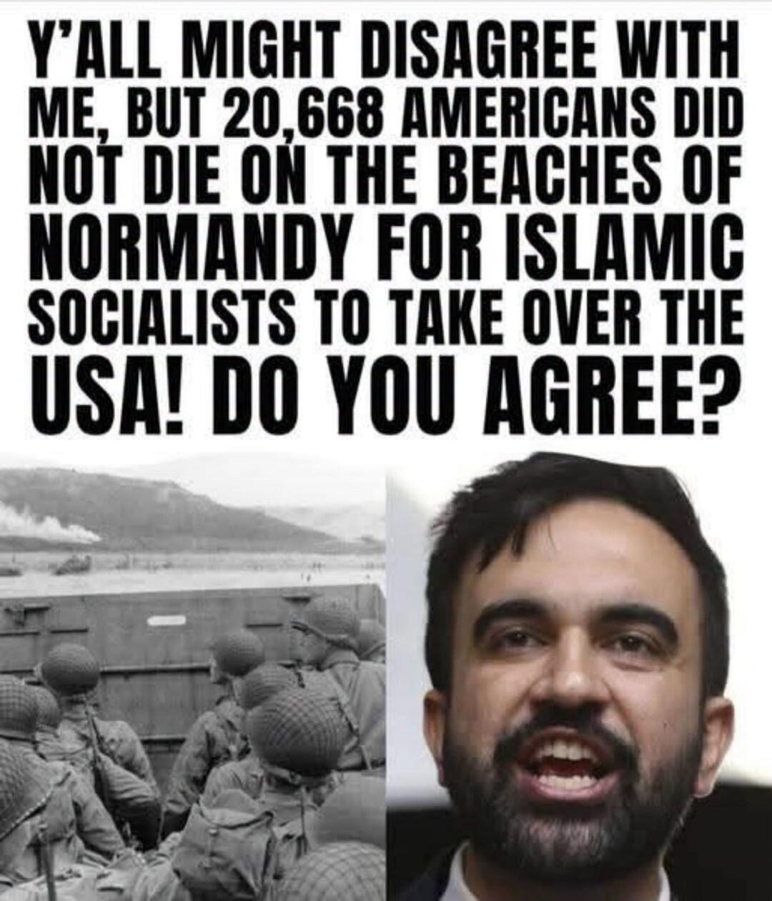 Y'ALL MIGHT DISAGREE WITH ME, BUT 20,668 AMERICANS DID NOT DIE ON THE BEACHES OF NORMANDY FOR ISLAMIC SOCIALISTS TO TAKE OVER THE USA! DO YOU AGREE?