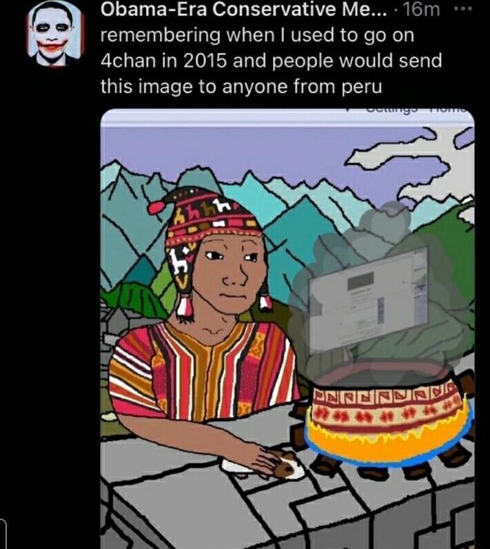 Obama Era Conservative Me 16m remembering when used to go on 4chan in 2015 and people would send this image to anyone from peru