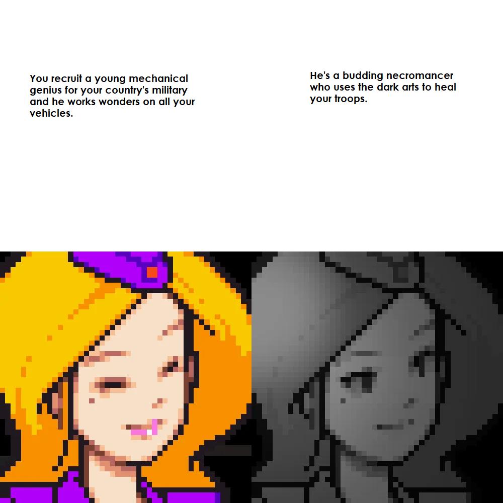 Yourecull a young mechanical Hes budding necromancer oo foryour counys milary Wha ses he dark as 1o heal Sn ne works wonder on all your Vou raops Venicies