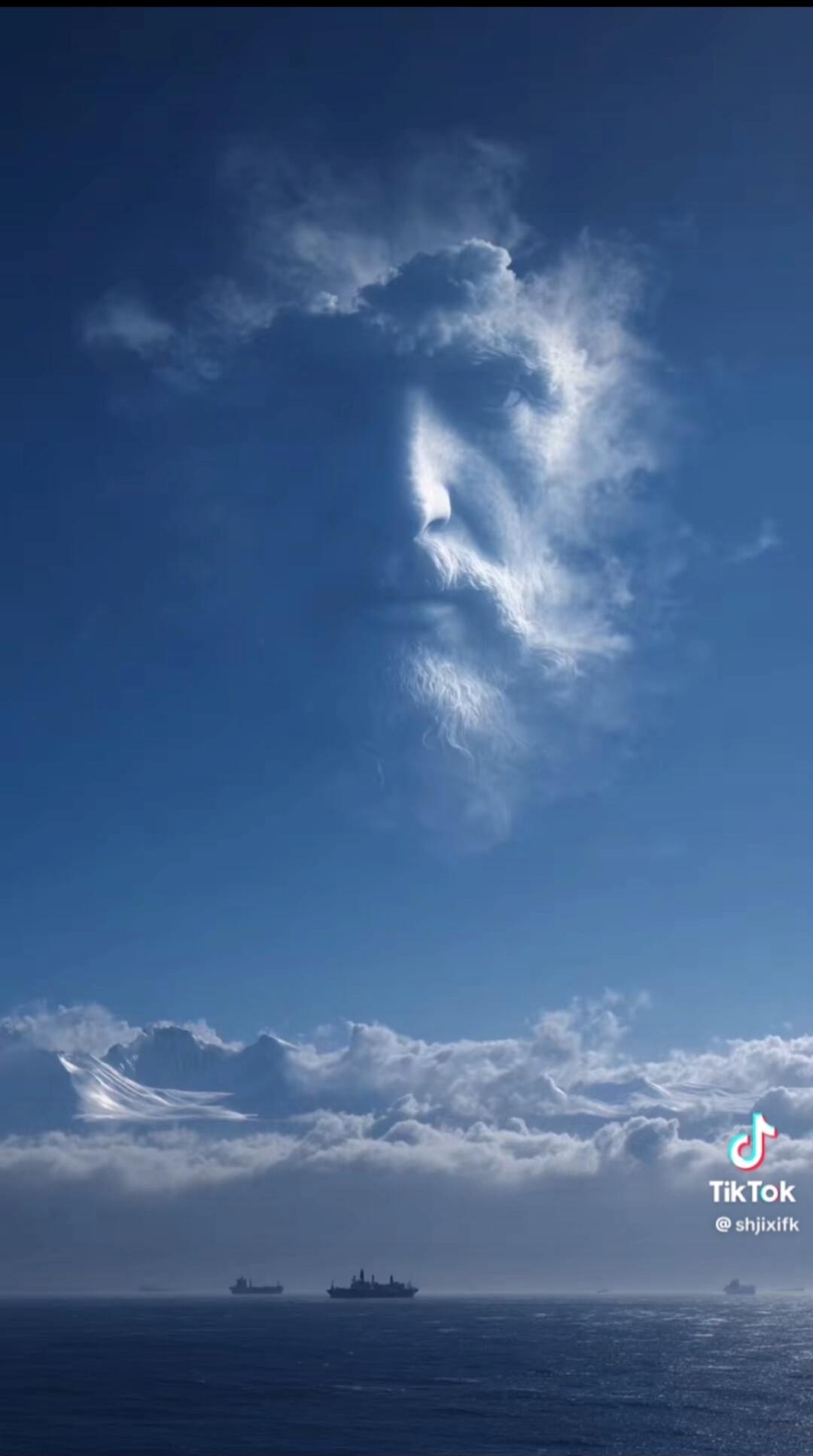 Face-shaped cloud formation in the sky over the ocean. TikTok watermark visible.