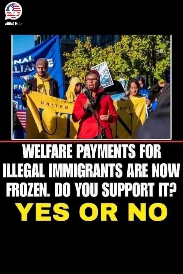 MAGA Hub. NATIONAL ALLIANCE. UNITED. PROTECT 95 MILES. WELFARE PAYMENTS FOR ILLEGAL IMMIGRANTS ARE NOW FROZEN. DO YOU SUPPORT IT? YES OR NO