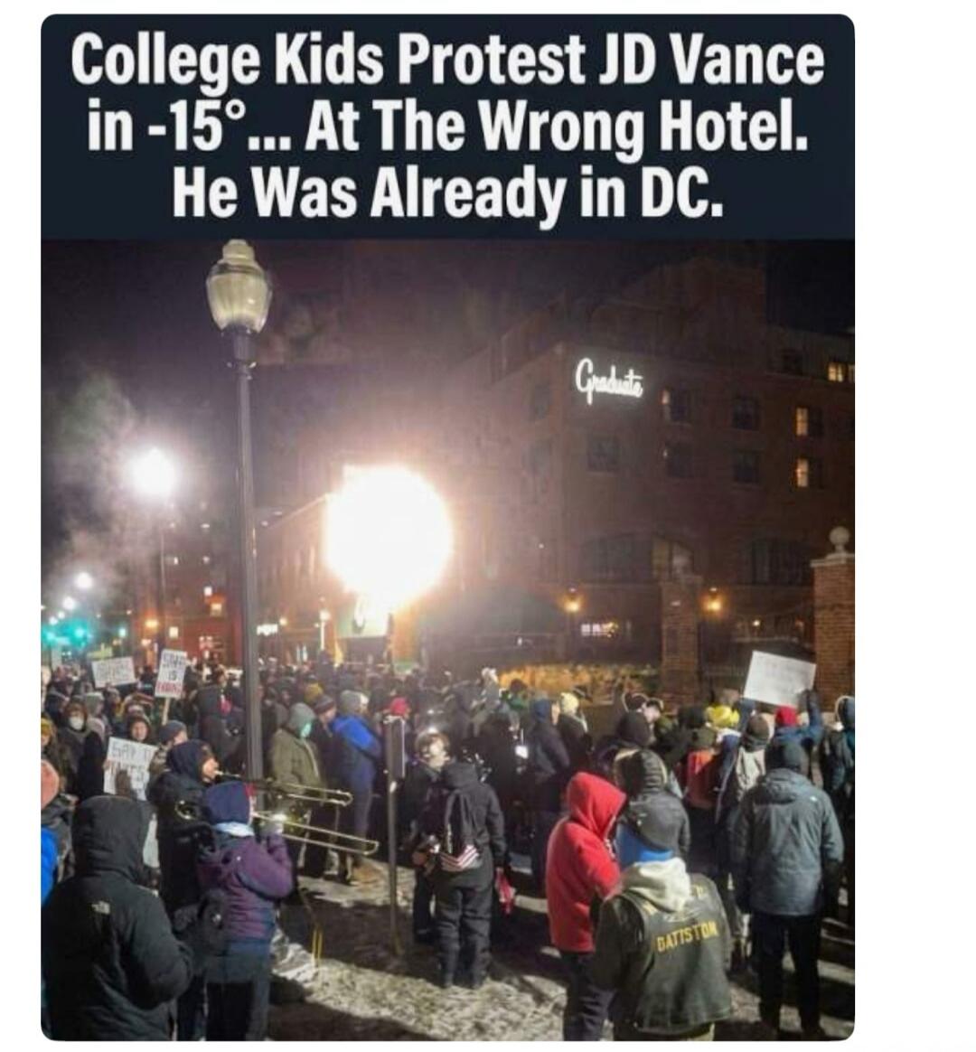 College Kids Protest JD Vance in -15° ... At The Wrong Hotel. He Was Already in DC.