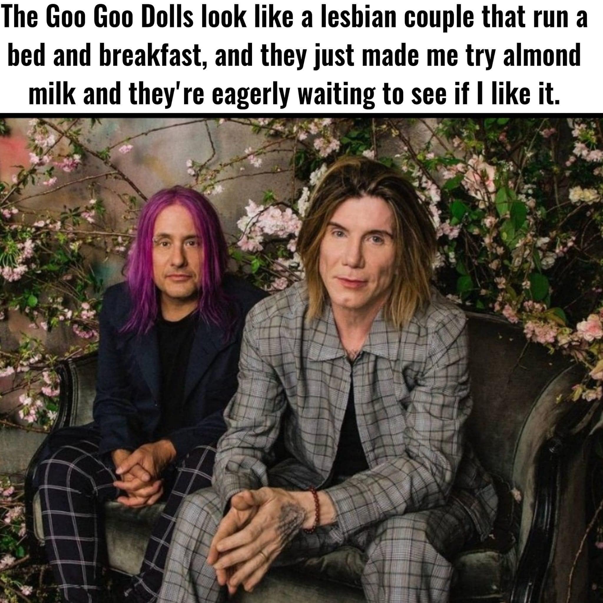 The Goo Goo Dolls look like a leshian couple that run a bed and breakfast and they just made me try almond mllk and theyre eagerly wamng to see if like it