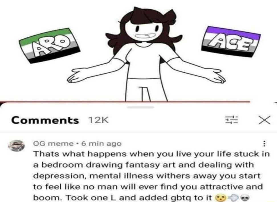 Comments 12K 0G meme 6 min ago e Thats what happens when you live your life stuck in a bedroom drawing fantasy art and dealing with depression mental iliness withers away you start to feel like no man will ever find you attractive and boom Took one L and added gbtq to it O