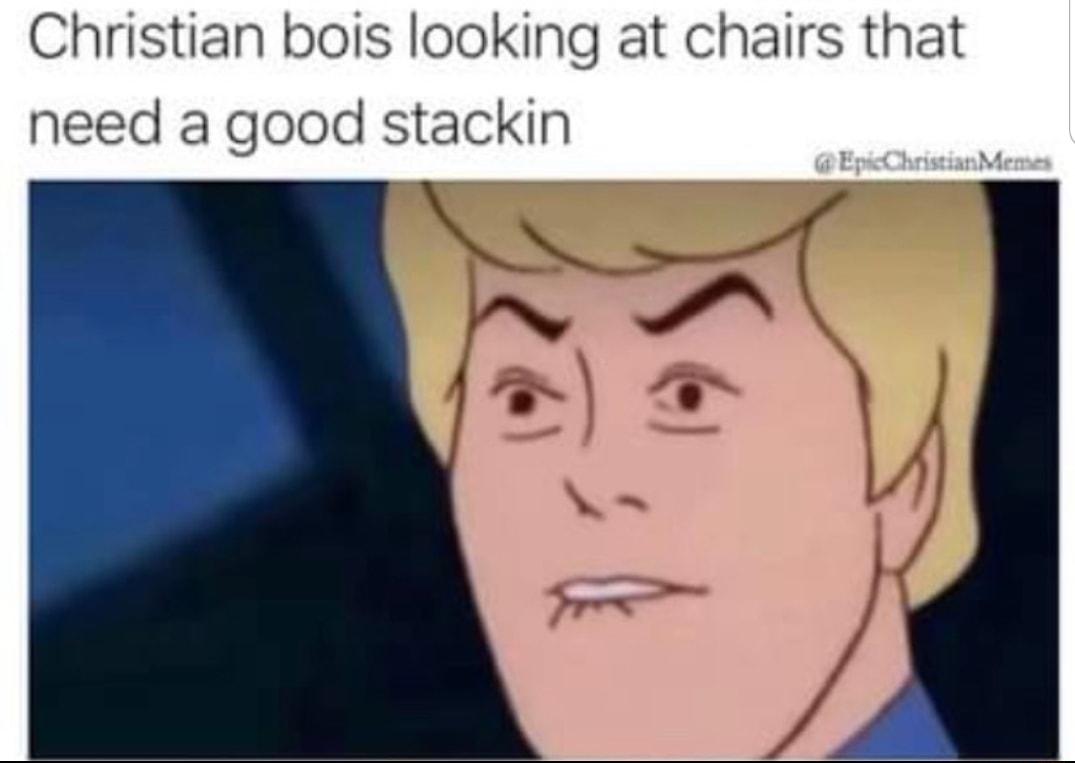 Christian bois looking at chairs that need a good stackin