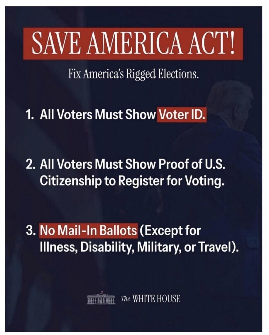 SAVE AMERICA ACT! Fix America's Rigged Elections. 1. All Voters Must Show Voter ID. 2. All Voters Must Show Proof of U.S. Citizenship to Register for Voting. 3. No Mail-In Ballots (Except for Illness, Disability, Military, or Travel). The WHITE HOUSE