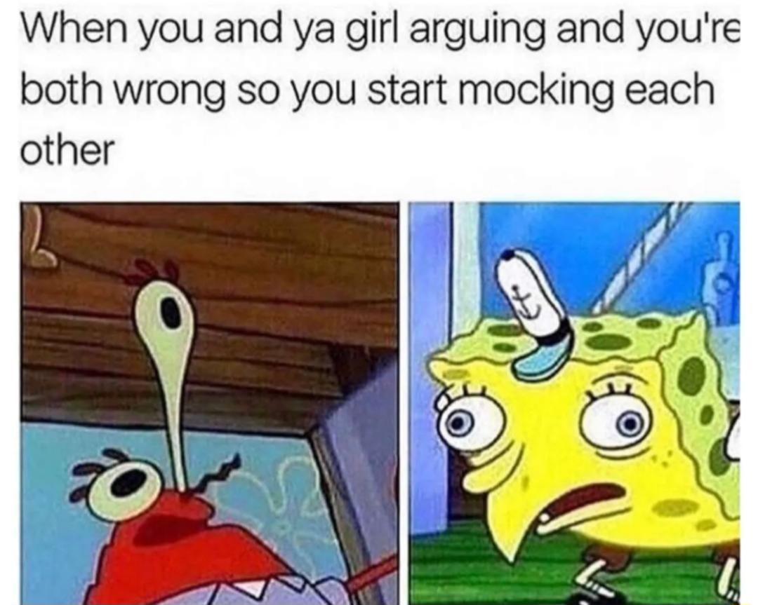 When you and ya girl arguing and youre both wrong so you start mocking each other