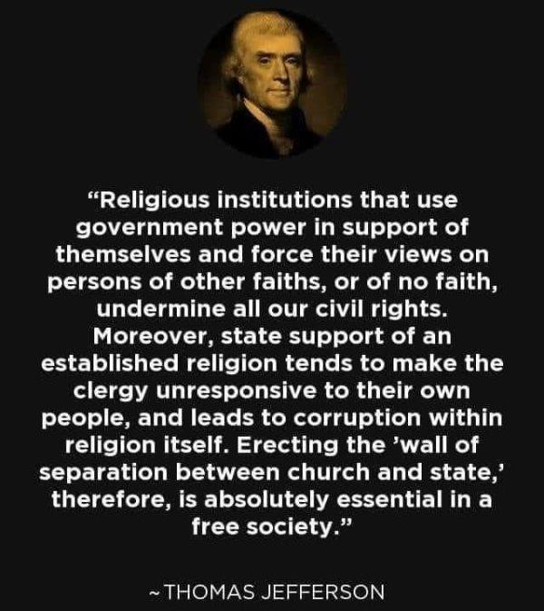 A RGCIEICITER R BT CLER L ELRTERS government power in support of themselves and force their views on persons of other faiths or of no faith undermine all our civil rights T SR T A T CRELELEL REIEIEHRENL L ER LN ETUER G clergy unresponsive to their own LTI EREL T REET BN GRS R 1 CIETCHITEE IS ER R G TR separation between church and state therefore is absolutely essential in a free society THOMAS JE