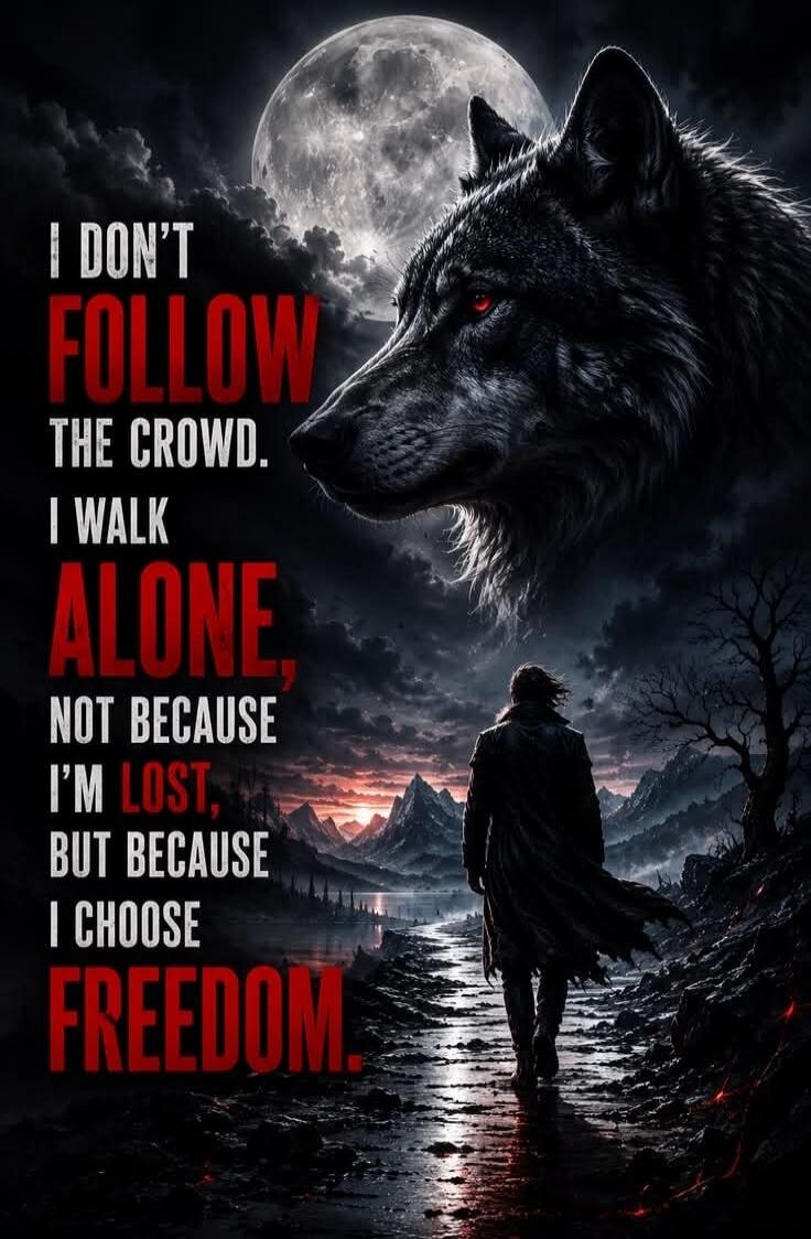 I DON'T FOLLOW THE CROWD. I WALK ALONE, NOT BECAUSE I'M LOST, BUT BECAUSE I CHOOSE FREEDOM.