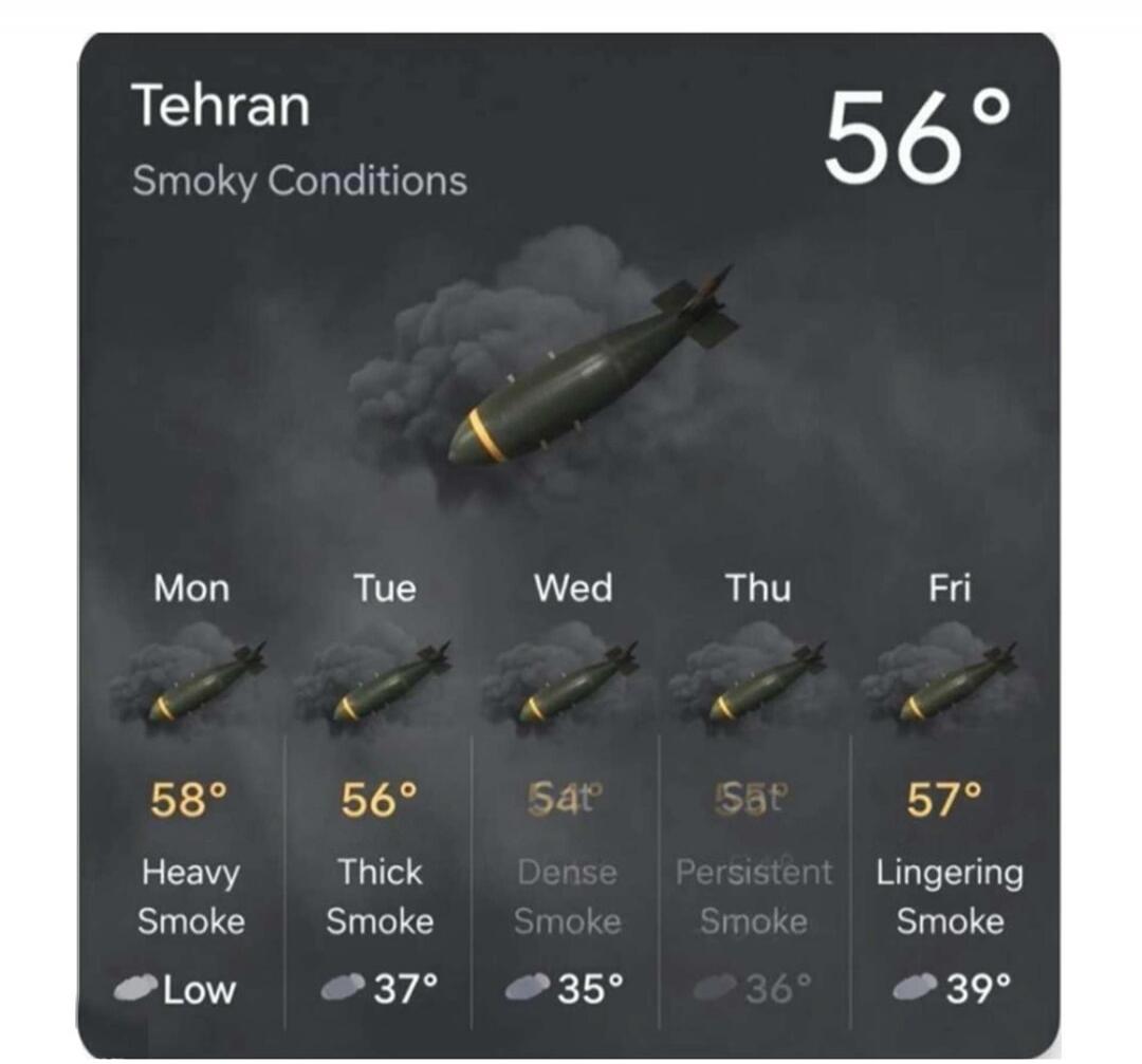 Tehran Smoky Conditions 56° Mon Tue Wed Thu Fri 58° Heavy Smoke Low 37° Thick Smoke 35° Dense Smoke 36° Persistent Smoke 39° Lingering Smoke