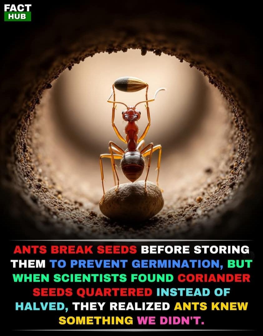 FACT HUB ANTS BREAK SEEDS BEFORE STORING THEM TO PREVENT GERMINATION, BUT WHEN SCIENTISTS FOUND CORIANDER SEEDS QUARTERED INSTEAD OF HALVED, THEY REALIZED ANTS KNEW SOMETHING WE DIDN'T.
