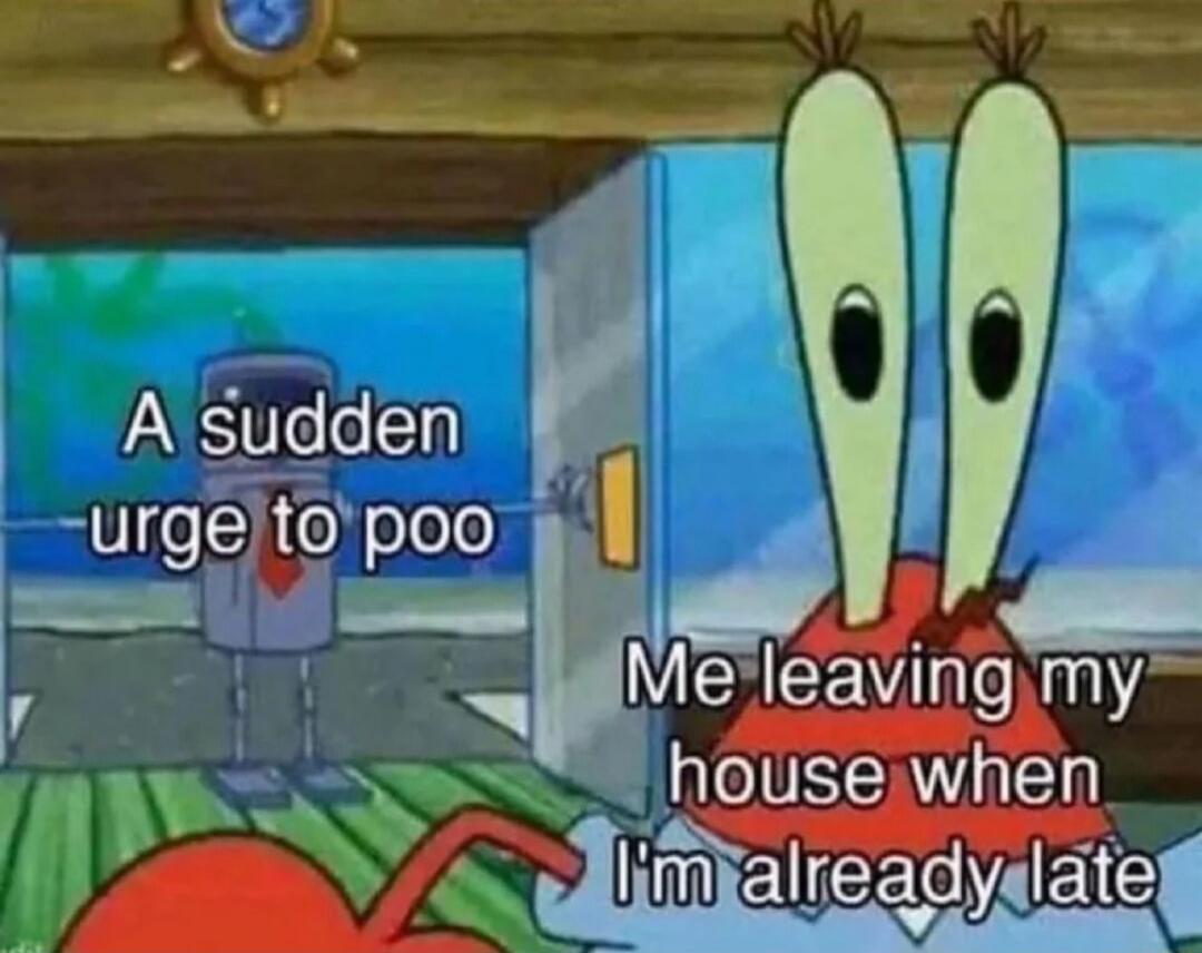 A sudden urge to poo. Me leaving my house when I'm already late.