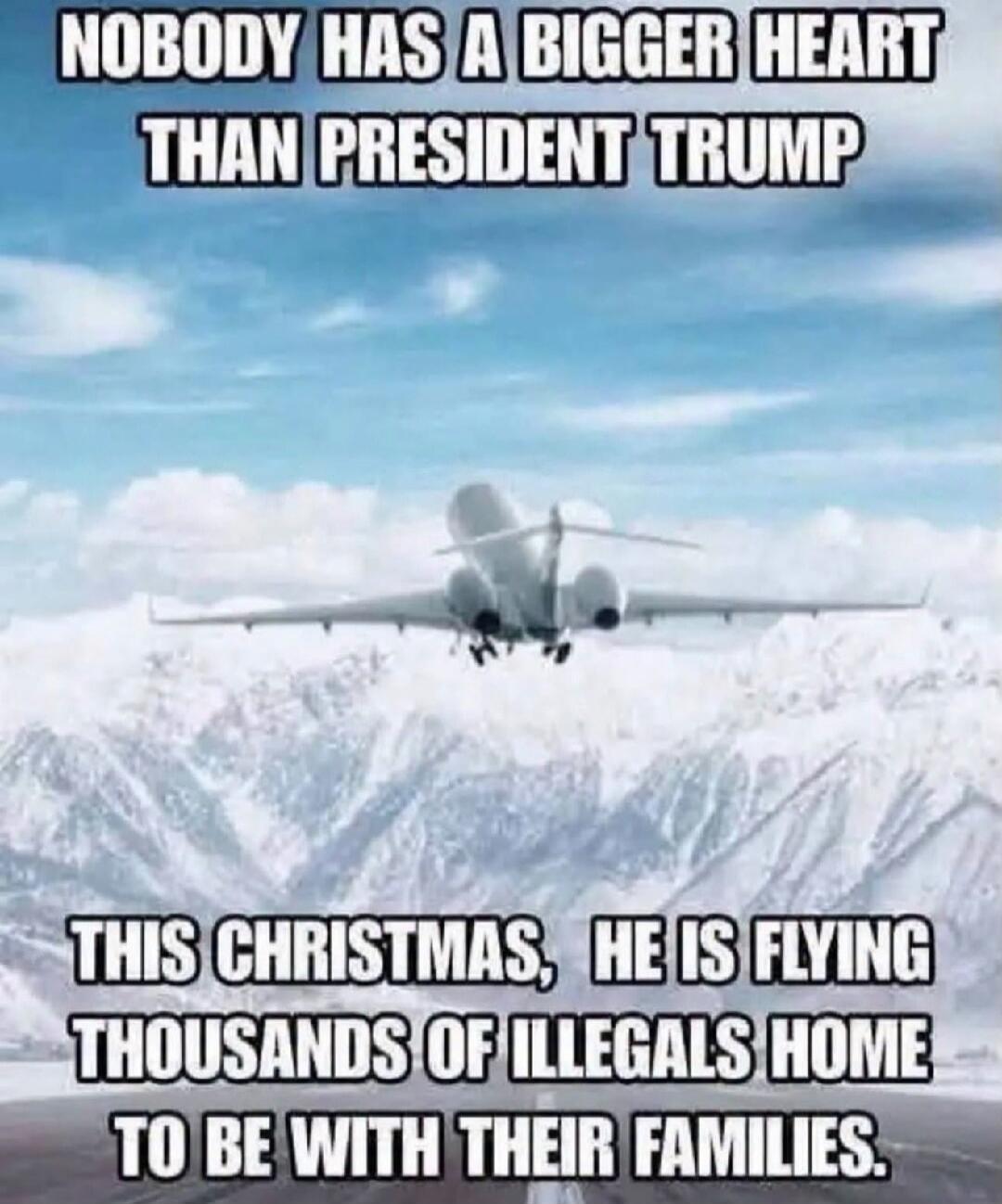 NOBODY HAS A BIGGER HEART THAN PRESIDENT TRUMP THIS CHRISTMAS, HE IS FLYING THOUSANDS OF ILLEGALS HOME TO BE WITH THEIR FAMILIES.