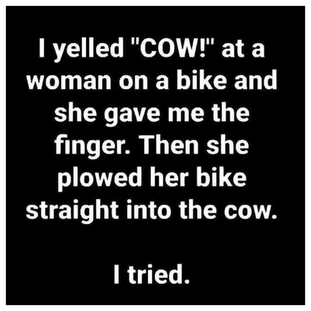 I yelled COW at a O EN LRI GEL S X EVCE G R 1 finger Then she plowed her bike SUE AT GR G R I tried