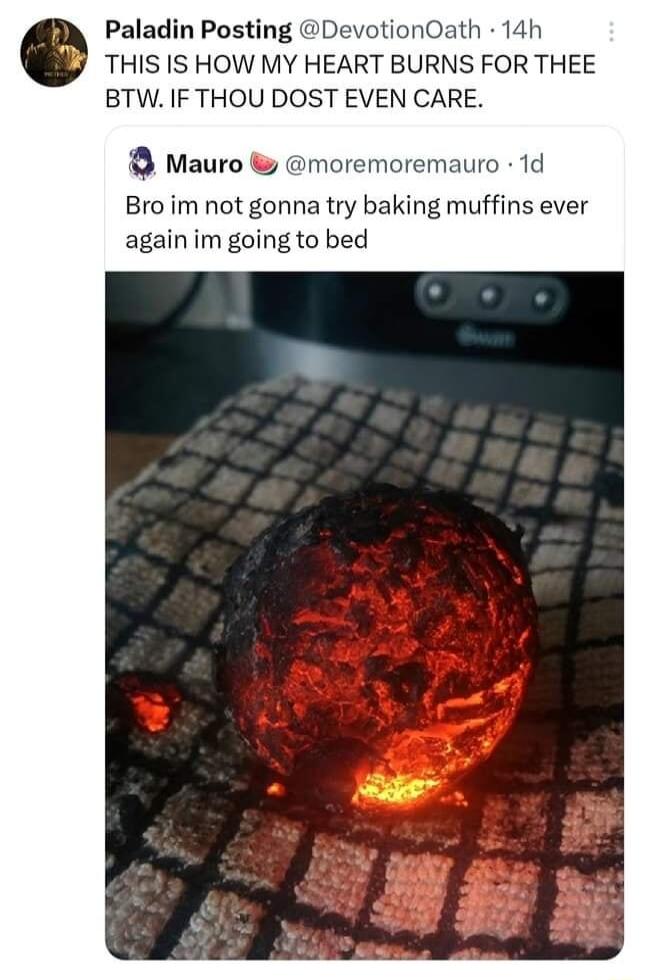 Paladin Posting DevotionOath 14h THIS IS HOW MY HEART BURNS FOR THEE BTW IF THOU DOST EVEN CARE Mauro moremoremauro 1d Bro im not gonna try baking muffins ever again im going to bed