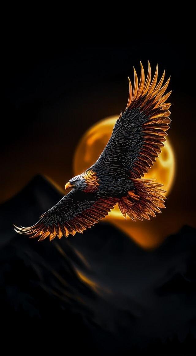 An eagle flying in front of a large moon.