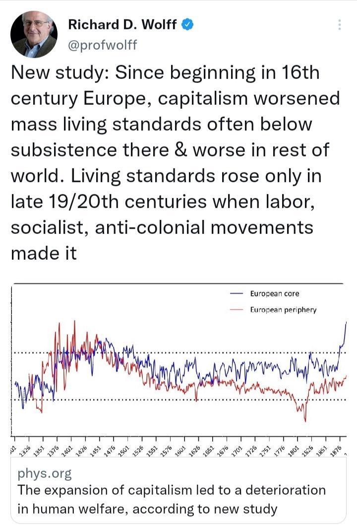 0 Richard D Wolff profwolff New study Since beginning in 16th century Europe capitalism worsened mass living standards often below subsistence there worse in rest of world Living standards rose only in late 1920th centuries when labor socialist anti colonial movements made it Fursean perphery physorg The expansion of capitalism led to a deterioration in human welfare according to new study