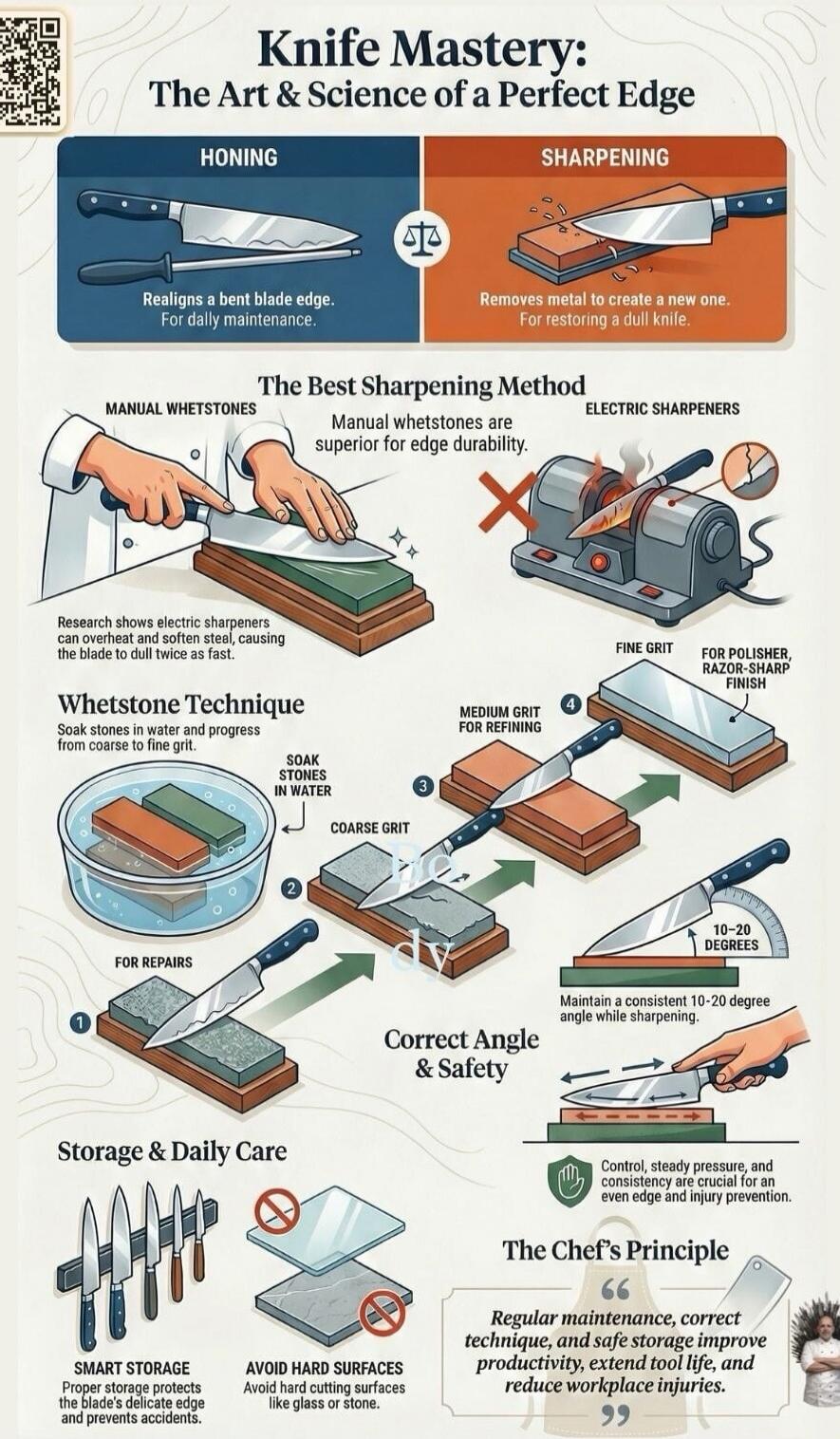 Knife Mastery: The Art & Science of a Perfect Edge. Honing: Realigns a bent blade edge. For daily maintenance. Sharpening: Removes metal to create a new one. For restoring a dull knife. The Best Sharpening Method. Manual Whetstones: Manual whetstones are superior for edge durability. Electric Sharpeners: Research shows electric sharpeners can overh