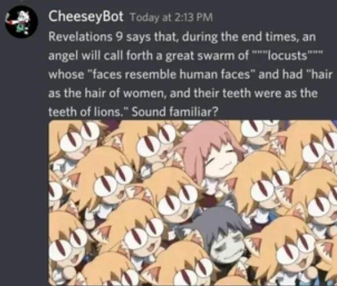 CheeseyBot Revelations 9 says that during the end times an angel will call forth a great swarm of locusts whose faces resemble human faces and had hair as the hair of women and their teeth were as the teeth of lions Sound familiar