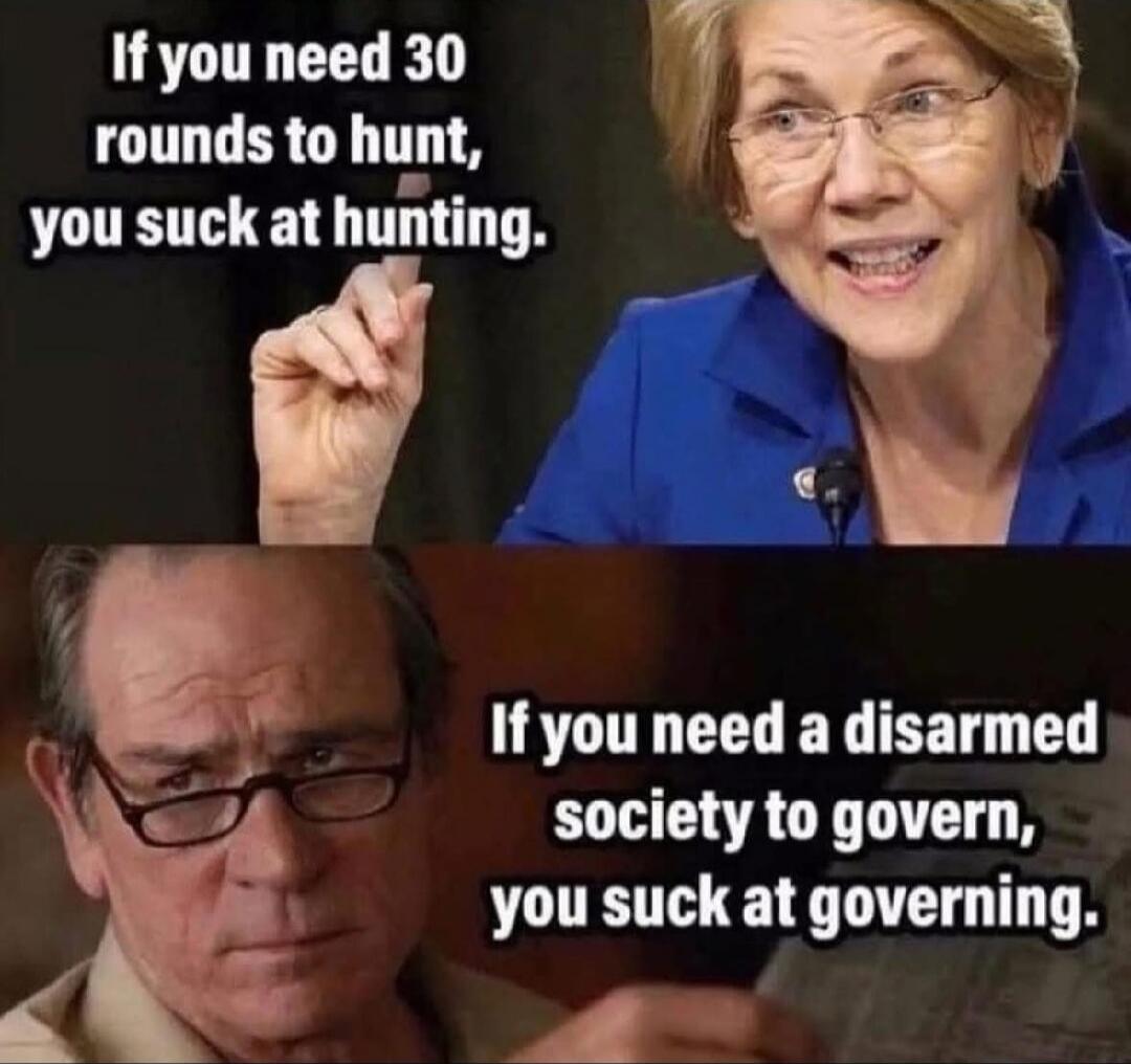 If you need 30 rounds to hunt, you suck at hunting.
If you need a disarmed society to govern, you suck at governing.