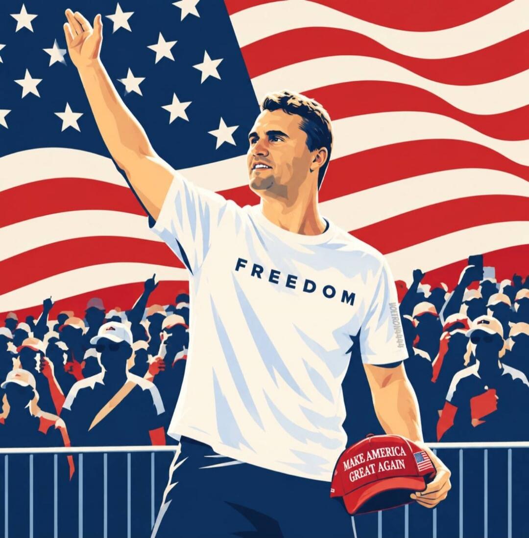 A man wearing a white t-shirt with 'FREEDOM' written on it, waving to a crowd in front of an American flag. He is holding a red cap with 'MAKE AMERICA GREAT AGAIN' text.