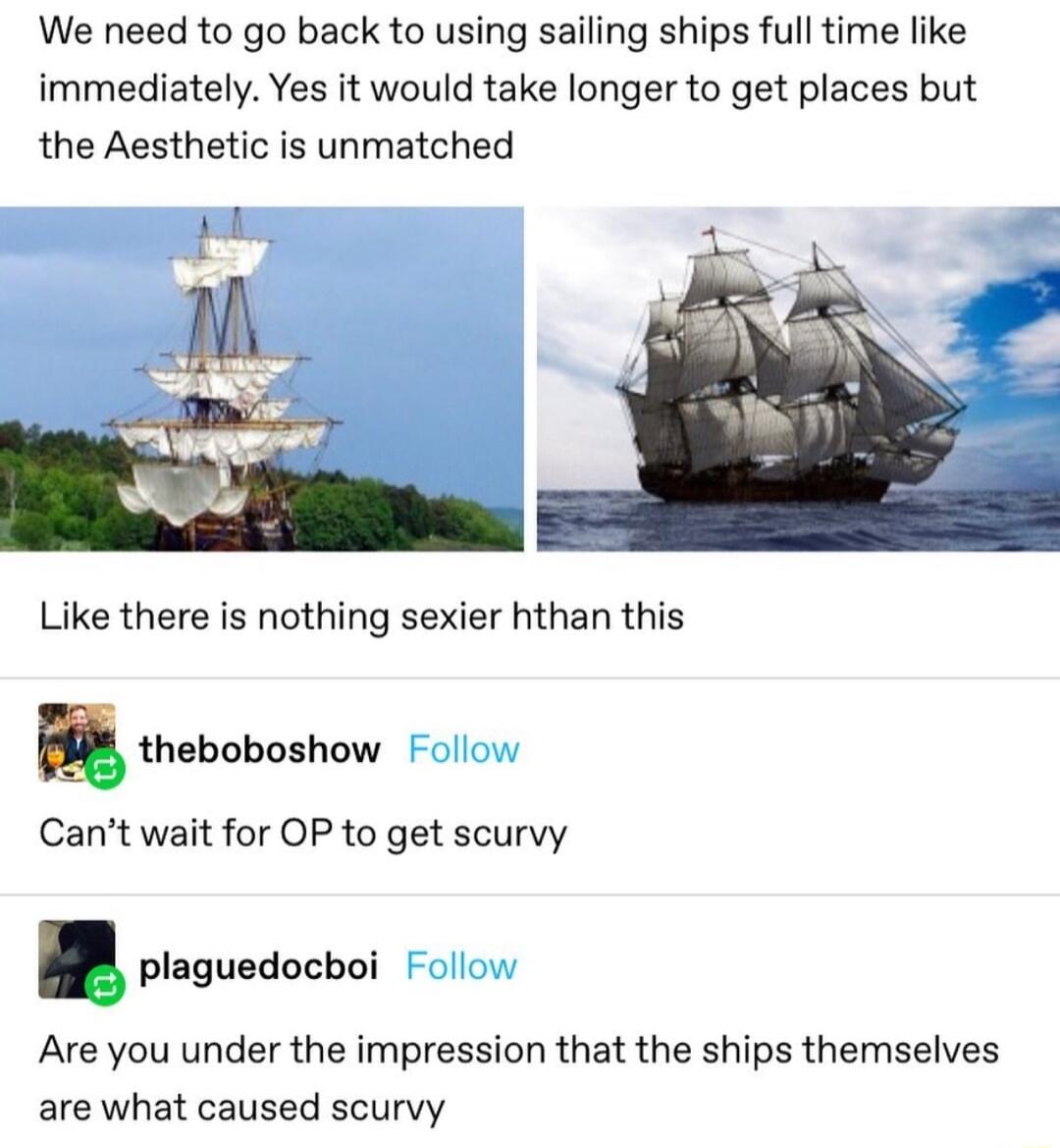 We need to go back to using sailing ships full time like immediately Yes it would take longer to get places but the Aesthetic is unmatched Like there is nothing sexier hthan this ulheboboshow Follow Cant wait for OP to get scurvy plagueducboi Follov Are you under the impression that the ships themselves are what caused scurvy