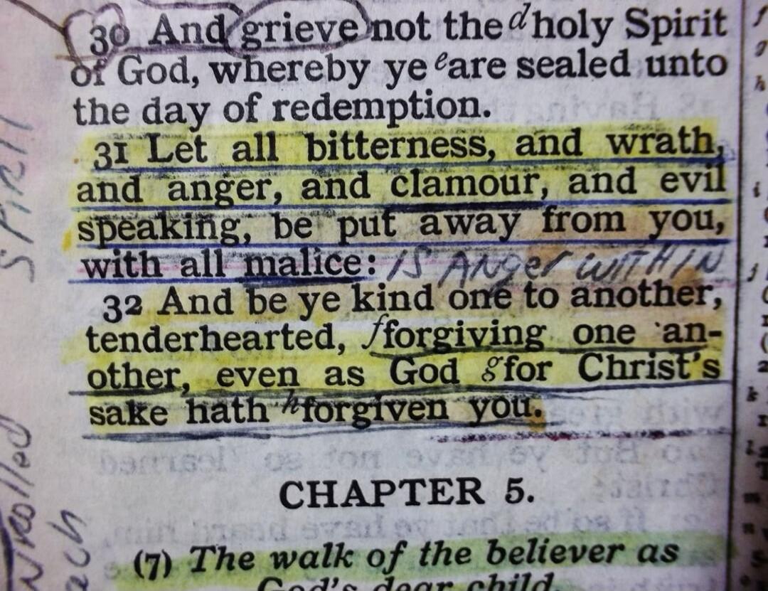 30 And grieve not the holy Spirit of God, whereby ye are sealed unto the day of redemption. 31 Let all bitterness, and wrath, and anger, and clamour, and evil speaking, be put away from you, with all malice: IS ANGER WITHIN 32 And be ye kind one to another, tenderhearted, forgiving one another, even as God for Christ's sake hath forgiven you. CHAPT