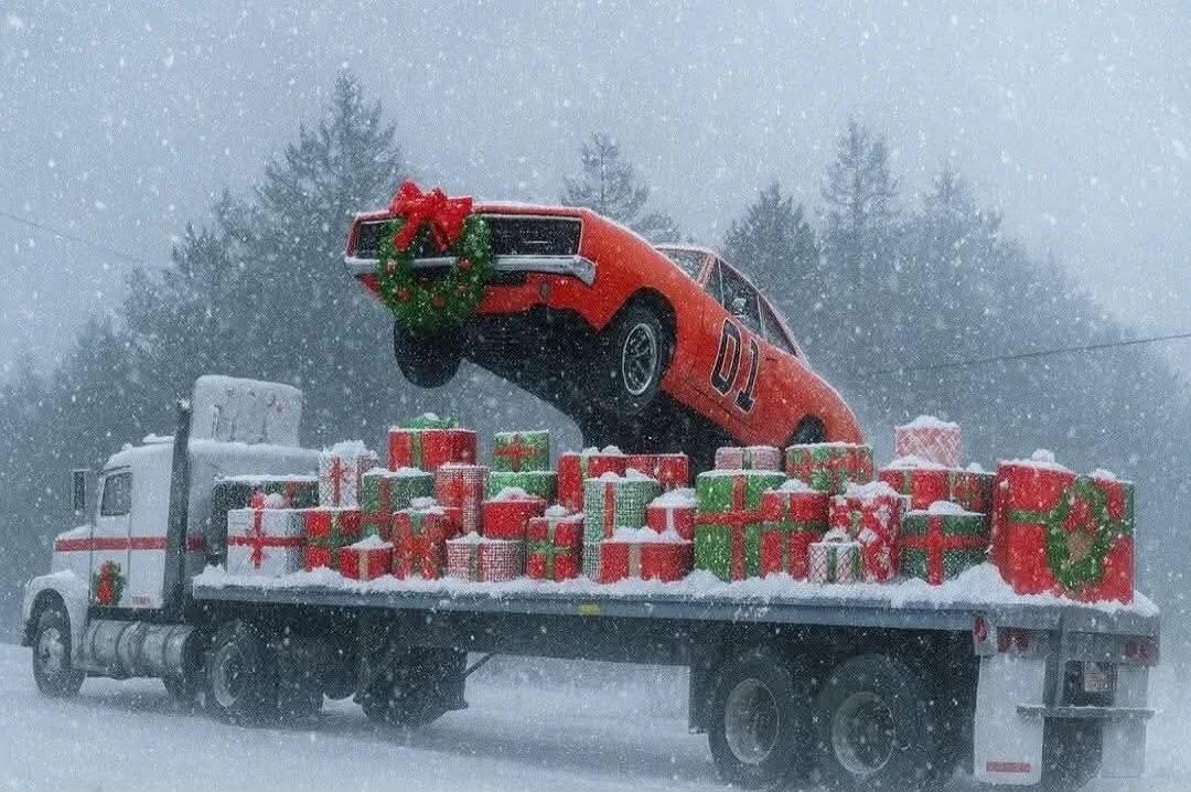 A red car on a flatbed trailer loaded with wrapped gift boxes and a wreath on the car, in a snowy outdoor scene with trees in the background.