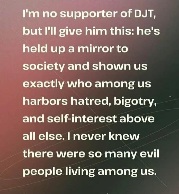 I'm no supporter of DJT, but I'll give him this: he's held up a mirror to society and shown us exactly who among us harbors hatred, bigotry, and self-interest above all else. I never knew there were so many evil people living among us.