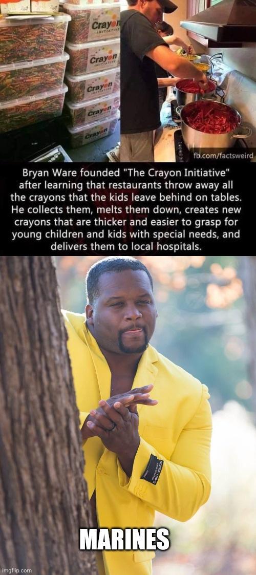 Bryan Ware founded The Crayon Initiative ELCACEIGTLLRGEIEN ENERTER G IVETE the crayons that the kids leave behind on tables He collects them melts them down creates new crayons that are thicker and easier to grasp for young children and kids with special needs and delivers them to local hospitals