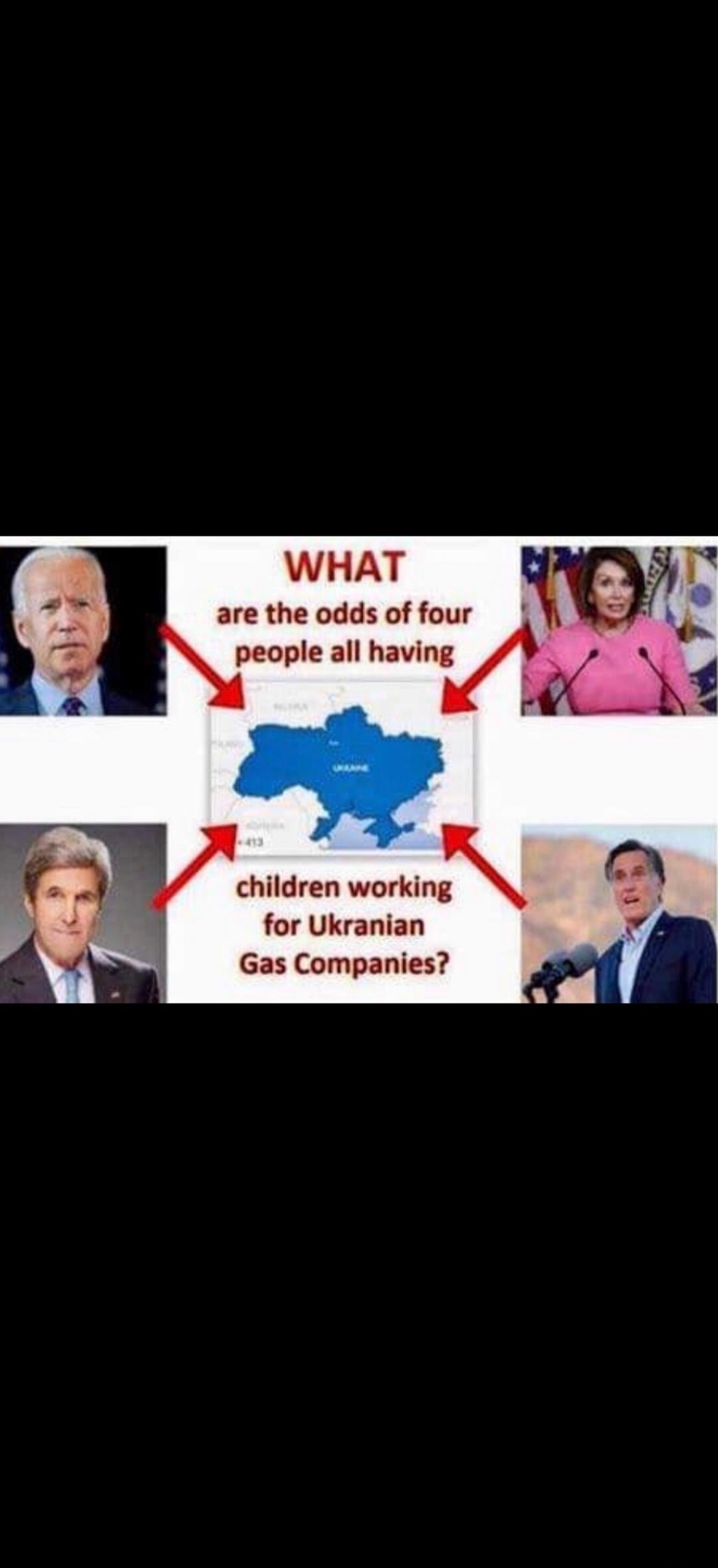 WHAT are the odds of four people all having children working for Ukrainian Gas Companies? The image features Joe Biden, Nancy Pelosi, John Kerry, and Mitt Romney, with arrows pointing to a map of Ukraine.