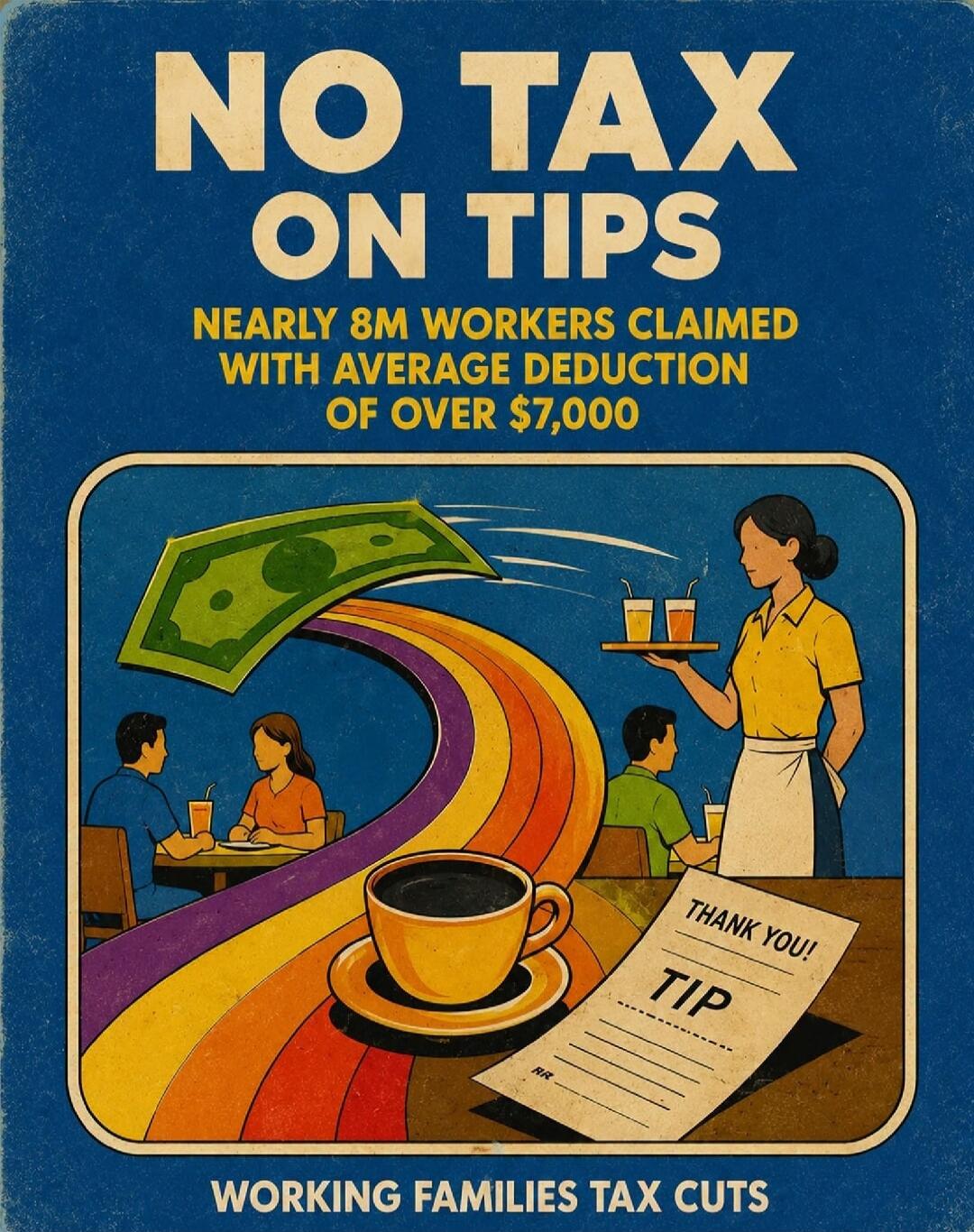 NO TAX ON TIPS NEARLY 8M WORKERS CLAIMED WITH AVERAGE DEDUCTION OF OVER $7,000 THANK YOU! TIP WORKING FAMILIES TAX CUTS