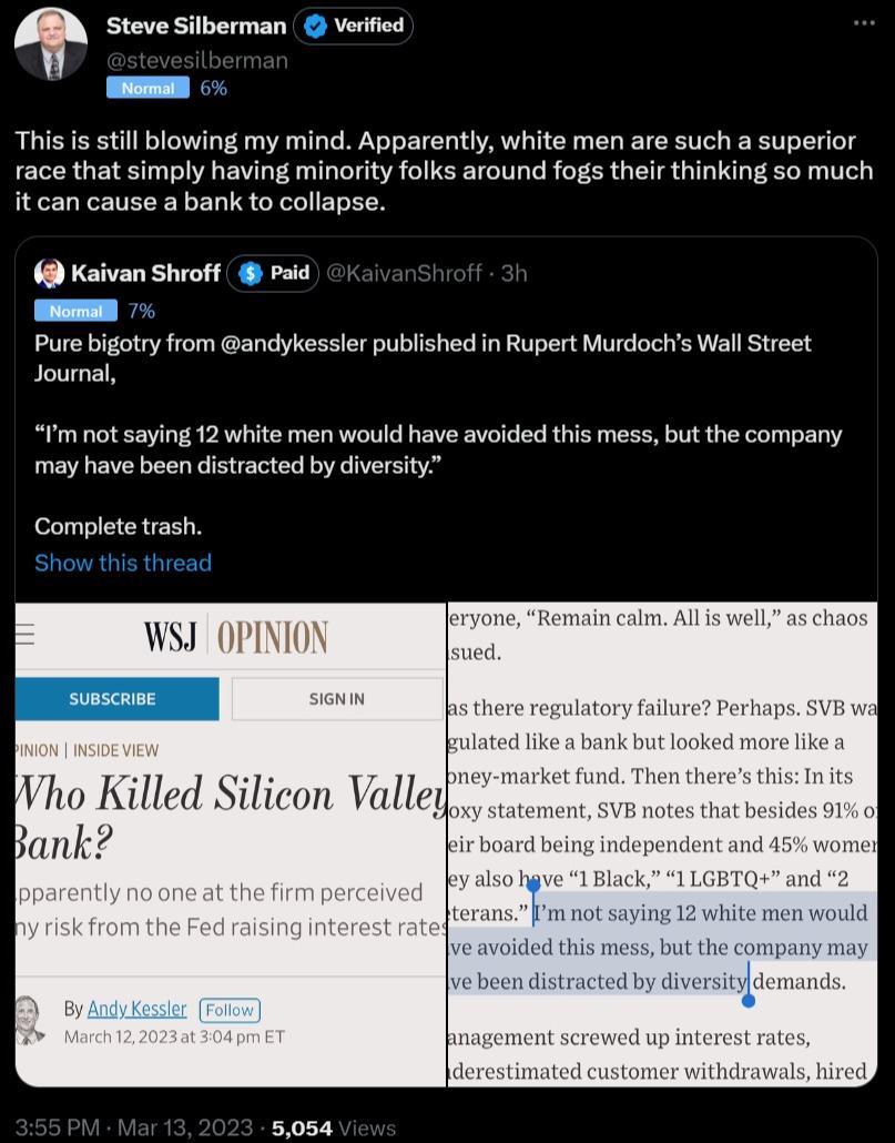 Steve Silberman Verificd This s stil blowing my mind Apparently white men are such a superior race that simply having minority folks around fogs their thinking so much it can cause a bank to collapse Kaivan Shroff Paid Pure bigotry from andykessier published n Rupert Murdochs WallStreet Journal Im ot saying 12 white men would have avoided this mess but the company may have been distracted by diver