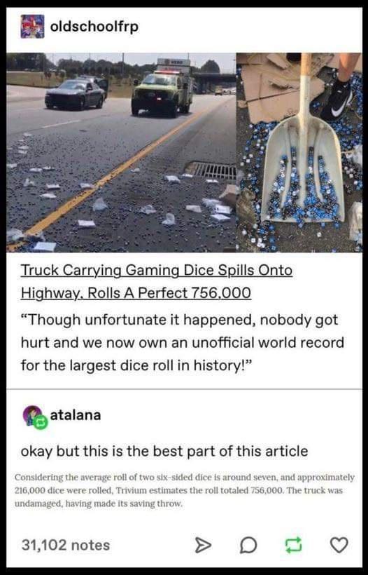 oldschoolfrp Highway Rolls A Perfect 756000 Though unfortunate it happened nobody got hurt and we now own an unofficial world record for the largest dice roll in history atalana okay but this is the best part of this article Considering x sided dice 31102 notes