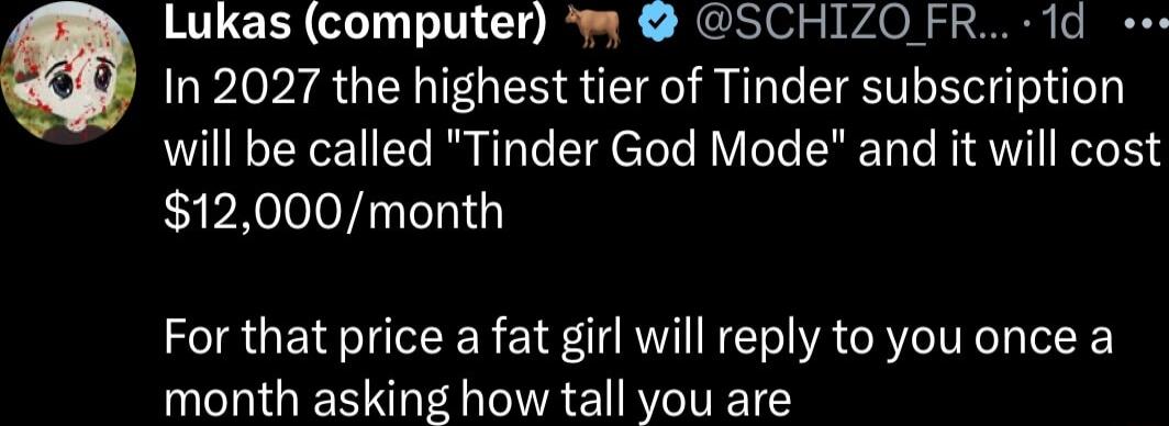 Lukas computer m SCHIZO FR 1d In 2027 the highest tier of Tinder subscription will be called Tinder God Mode and it will cost 12000month For that price a fat girl will reply to you once a month asking how tall you are