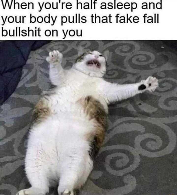 vwhen youre half asleep and your body pulls that fake fall u bullshit on