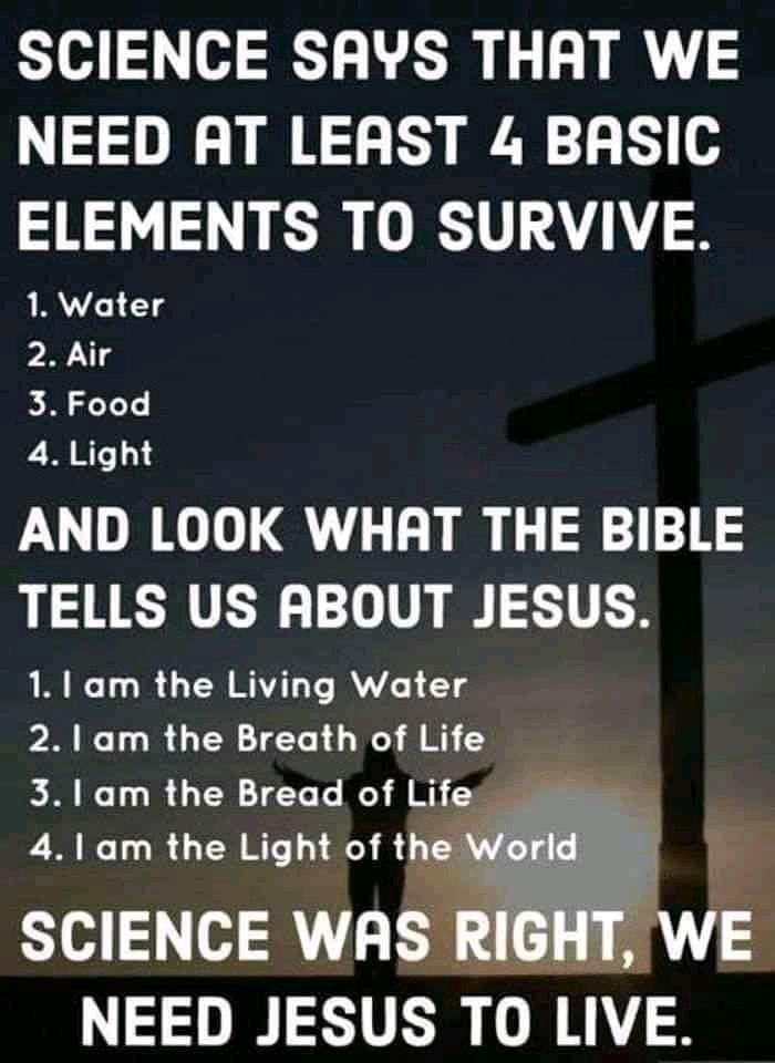SCIENCE SAYS THAT WE NEED AT LEAST 4 BASIC ELEMENTS TO SURVIVE 1 Water 2 Air 3 Food 4 Light AND LOOK WHAT THE BIBLE TELLS US ABOUT JESUS 11 am the Living Water 21 am the Breath of Life 31 am the Bread of Life 41 am the Light of the Worl SCIENCE WAS RIGHT NEED JESUS TO LIVE