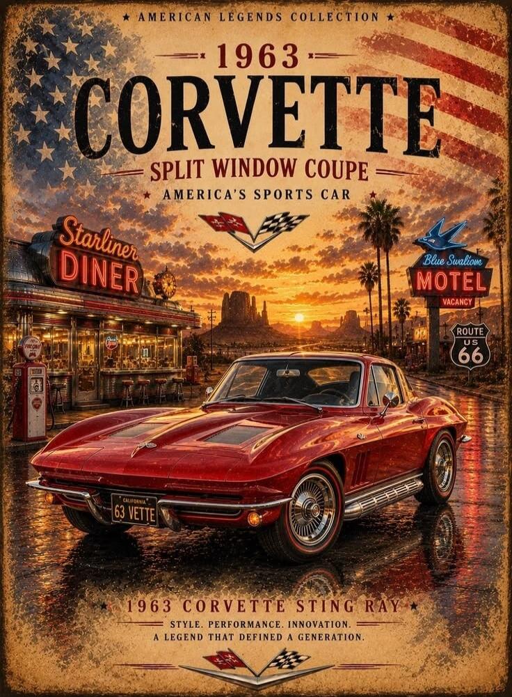 AMERICAN LEGENDS COLLECTION 1963 CORVETTE SPLIT WINDOW COUPE AMERICA'S SPORTS CAR Starliner DINER Blue Swallow MOTEL VACANCY ROUTE US 66 CALIFORNIA 63 VETTE 1963 CORVETTE STING RAY STYLE. PERFORMANCE. INNOVATION. A LEGEND THAT DEFINED A GENERATION.