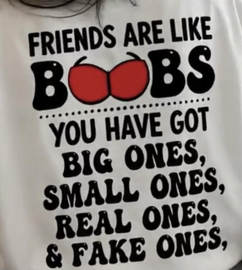 FRIENDS ARE LIKE BOOBS YOU HAVE GOT BIG ONES, SMALL ONES, REAL ONES, & FAKE ONES,