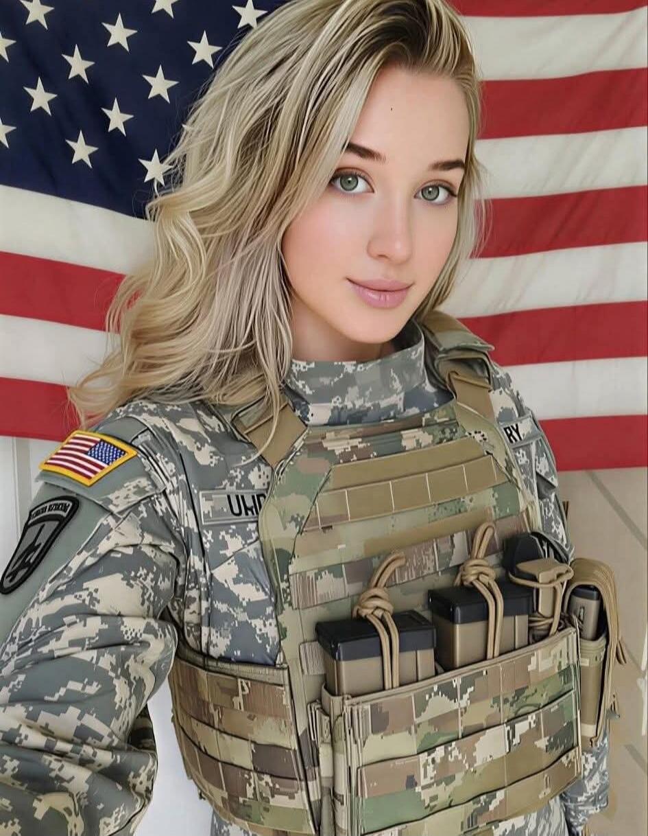 American flag in the background; a person wearing camouflage military gear and a tactical vest.