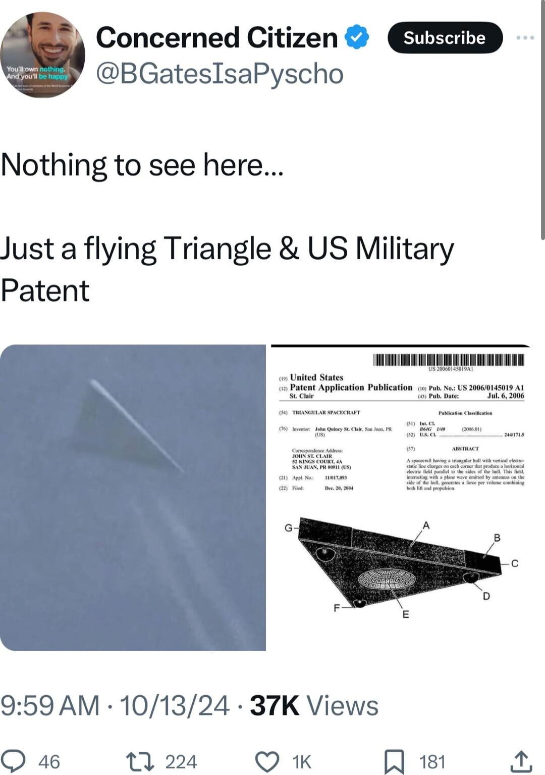BGatesIsaPyscho Nothing to see here 0 Concerned Citizen Just a flying Triangle US Military Patent 959 AM 101324 37K Views O 46 1 224 Q K 8 2