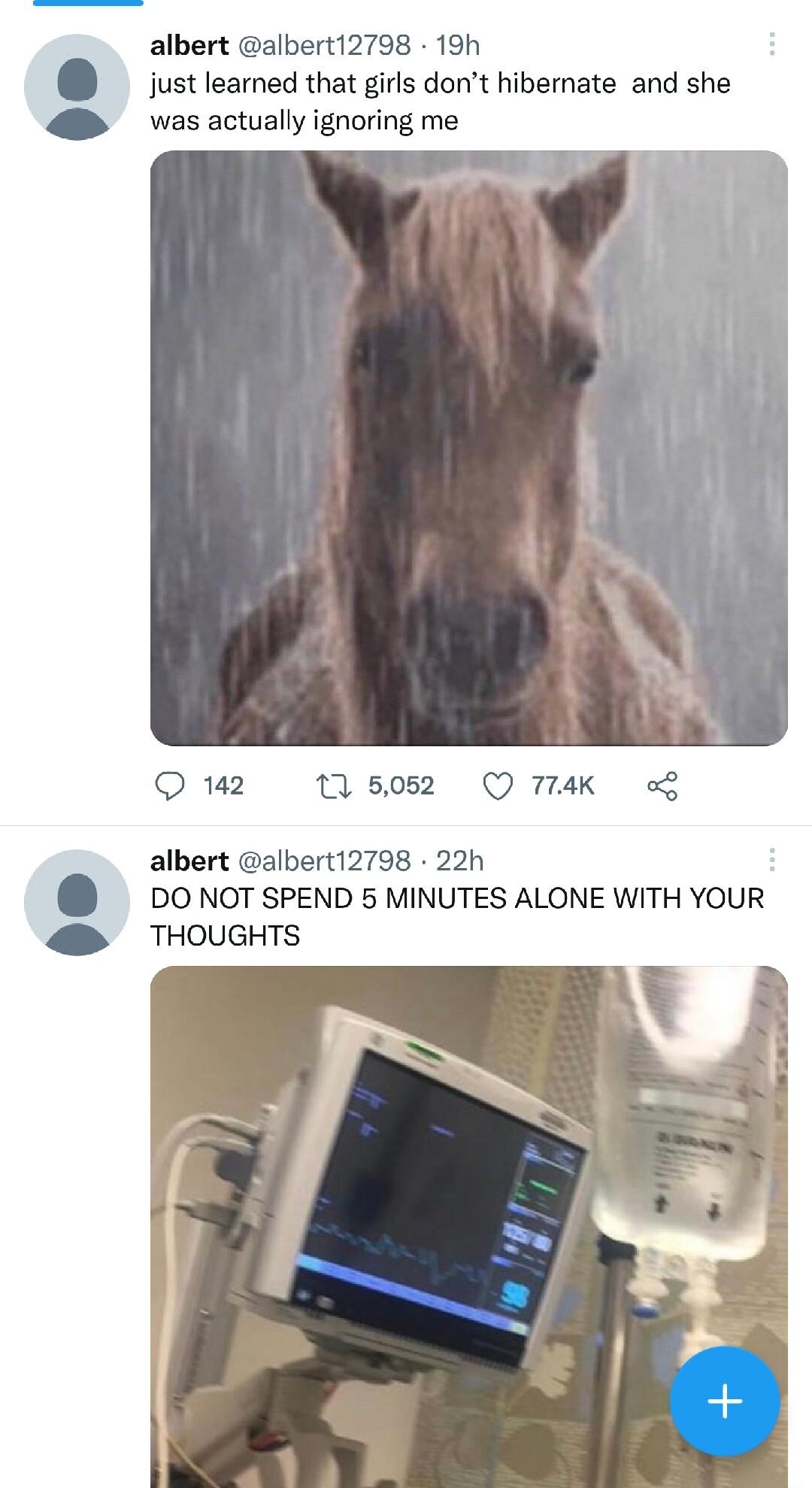 albert albert12798 19h just learned that girls dont hibernate and she was actually ignoring me Q12 15052 Q74K albert albert12798 22h DO NOT SPEND 5 MINUTES ALONE WITH YOUR THOUGHTS