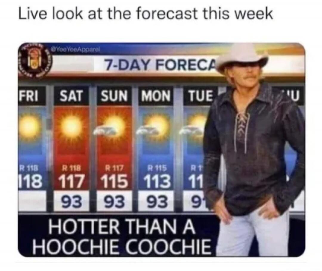 Live look at the forecast this week. 7-Day Forecast. FRI 118, SAT 117, SUN 115, MON 113, TUE 11. Hotter than a hoochie coochie. @YeeYeeApparel