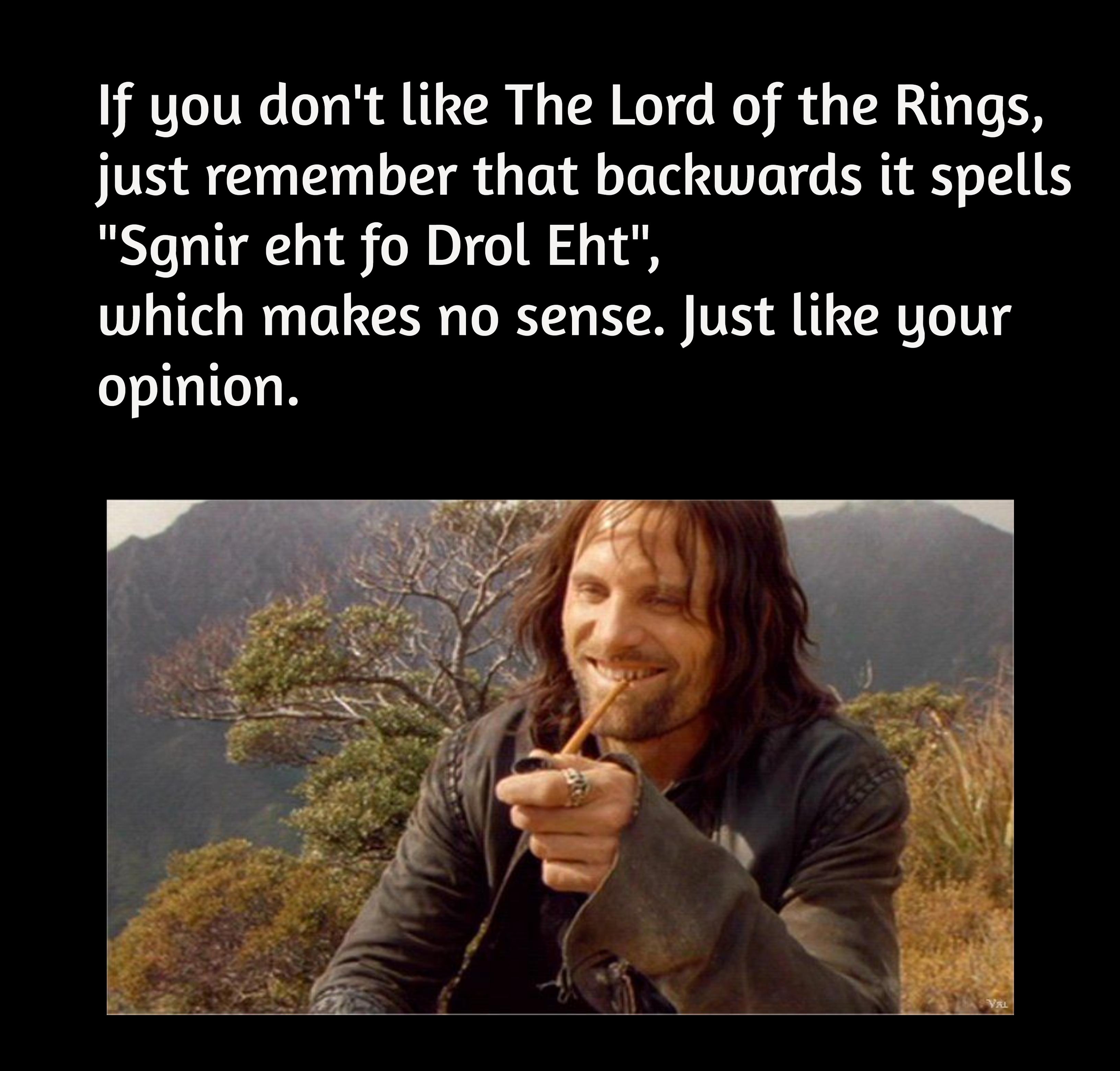 If you dont like The Lord of the Rings just remember that backwards it spells Sgnir eht fo Drol Eht which makes no sense Just like your opinion